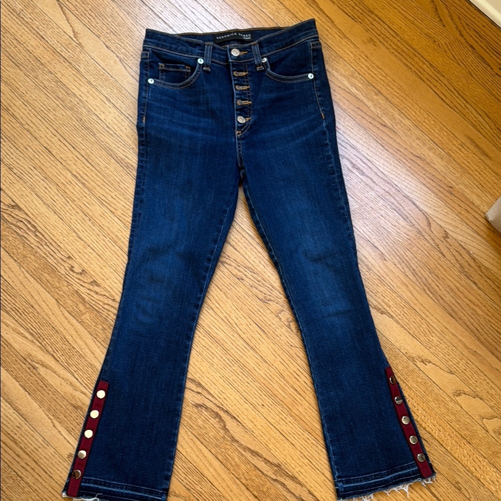 Veronica Beard Blue and Red Flare Wide Leg Jeans